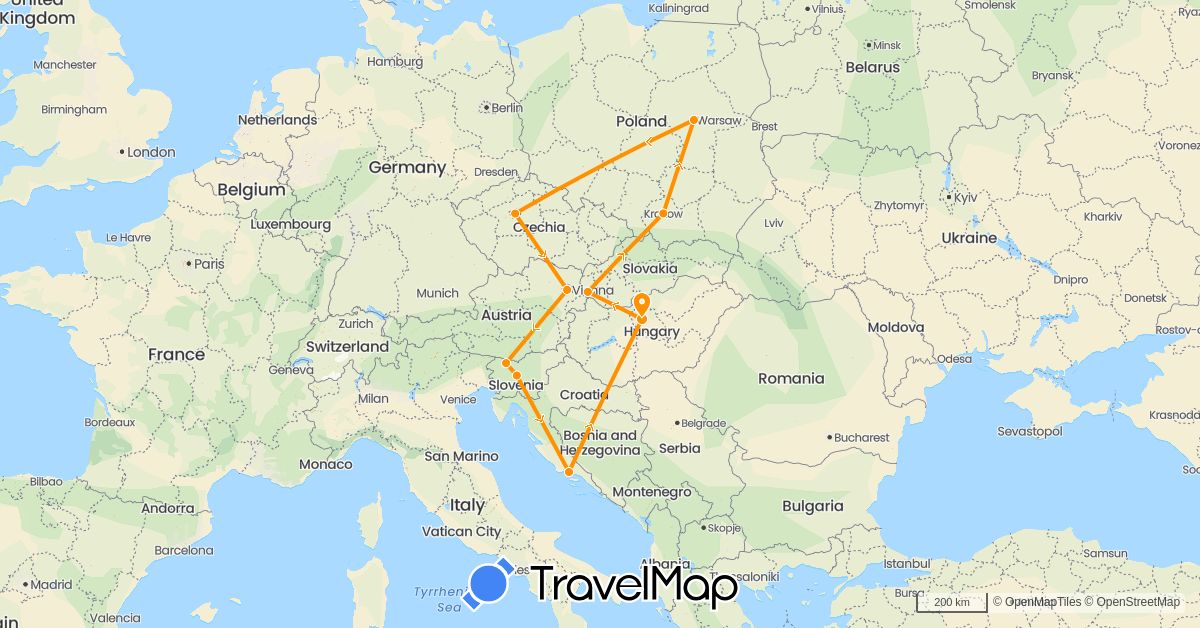 TravelMap itinerary: driving, hitchhiking in Austria, Czech Republic, Croatia, Hungary, Poland, Slovenia, Slovakia (Europe)